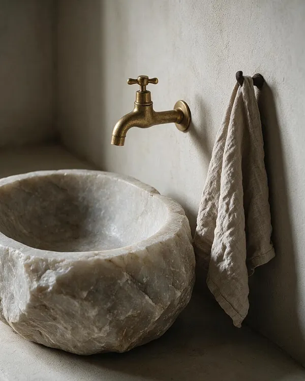 A rustic bathroom corner featuring a carved stone vessel sink with an irregular, rough-hewn surface, paired with a wall-mounted brass faucet. A soft beige linen towel hangs beside the sink against a textured off-white wall, creating a calm, natural Wabi-Sabi look.