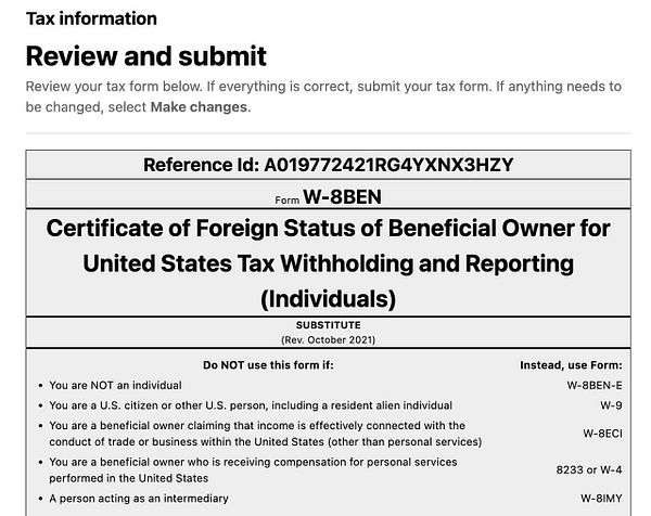 The image displays a tax information review interface for submitting a W-8BEN form.