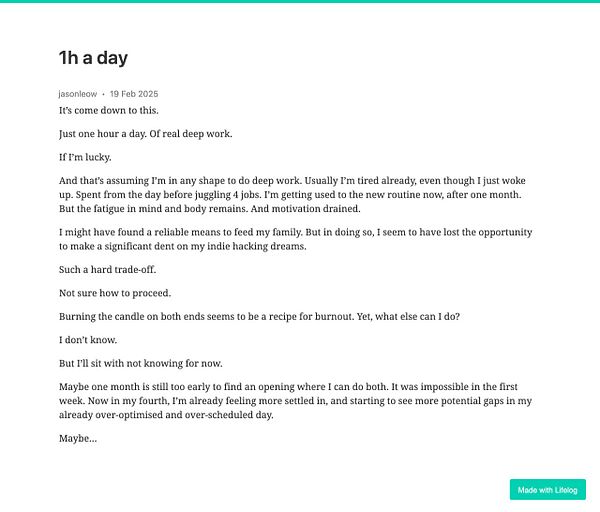 A reflective journal entry discussing the challenges of balancing work and personal projects.