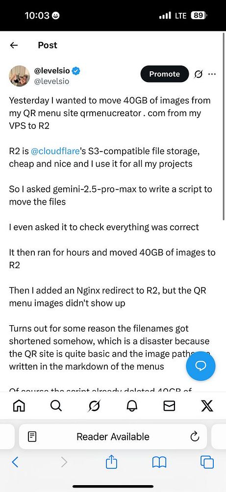 A Twitter post detailing a technical issue involving the deletion of restaurant menu images during a file transfer process.