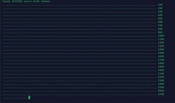 The image displays a terminal output indicating the progress of a script migrating user tokens.