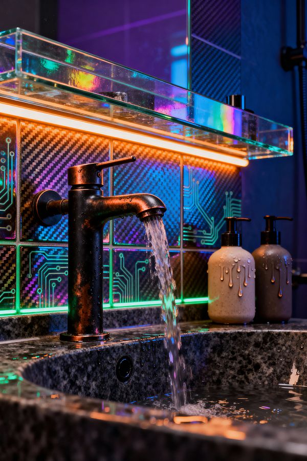 Close-up of a cyberpunk bathroom sink with running water from a single-handle, oil-rubbed bronze faucet. The basin is dark speckled granite, and the backsplash is tiled with carbon-fiber pattern squares printed with circuit board lines. A transparent glass shelf spans above, lit by LED strips that cast neon orange, green, and violet glow. Two matte ceramic soap dispensers with drip-glaze tops sit on the counter, while reflections of color ripple across the wet stone and tiles.