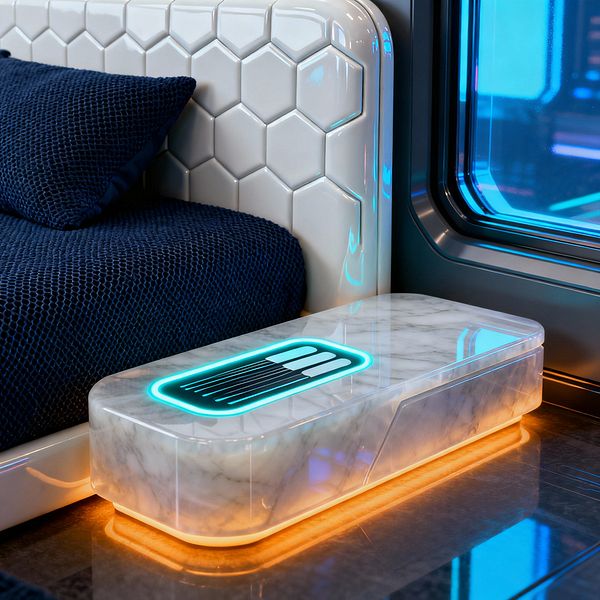 Close-up of a futuristic bedroom corner showing a glossy white headboard with raised hexagonal tiles beside a low, rounded nightstand in white marble. The nightstand features a cyan LED inlay and a warm amber underglow, while deep navy textured bedding and a gunmetal-framed window with blue light reflections complete the scene.