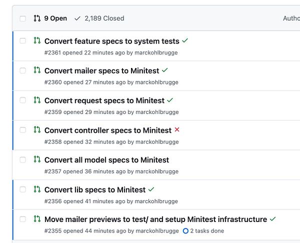 A GitHub pull request interface displaying open and closed pull requests related to code conversion tasks.