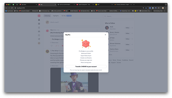 A user interface displaying a pop-up for the Hey Pro plan on a social media platform.