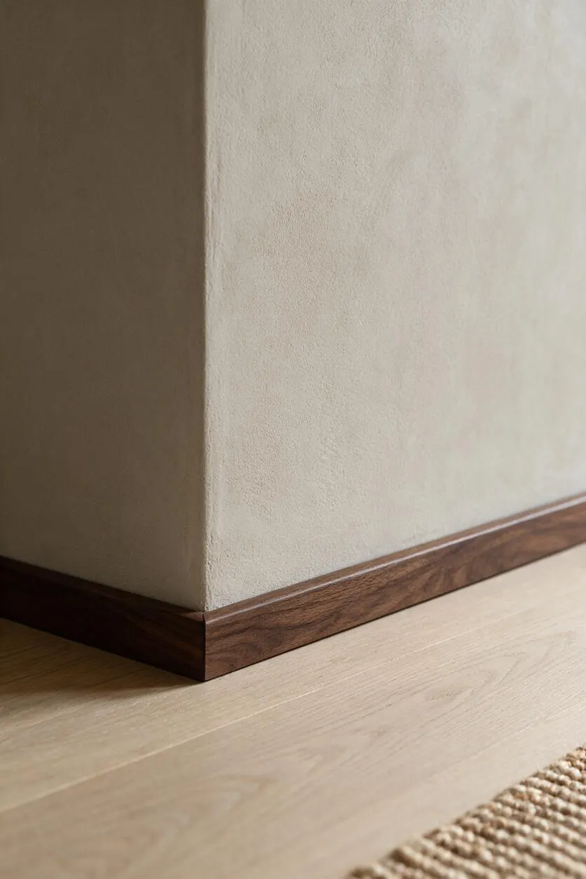 A close-up of a Japandi-style interior corner showing a softly textured cream plaster wall, a dark walnut base trim, and pale natural wood flooring. Warm sunlight casts gentle shadows across the minimalist materials.