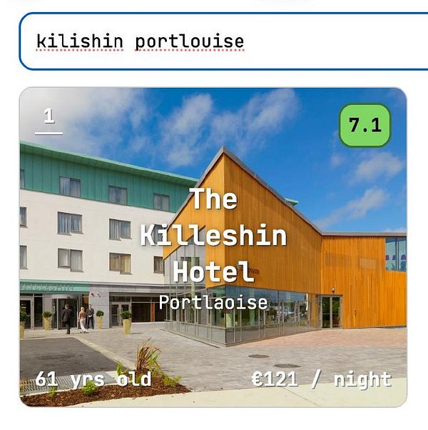 Screenshot of a lodging search interface showing search results for 'kilishin portlouise' including 'The Killeshin Hotel, Portlaoise'.