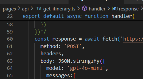 A code snippet from a TypeScript file showing an asynchronous function for handling API requests.