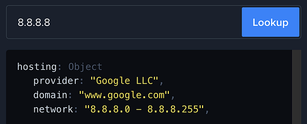 The image displays a user interface for an IP lookup tool showing details for the IP address 8.8.8.8.