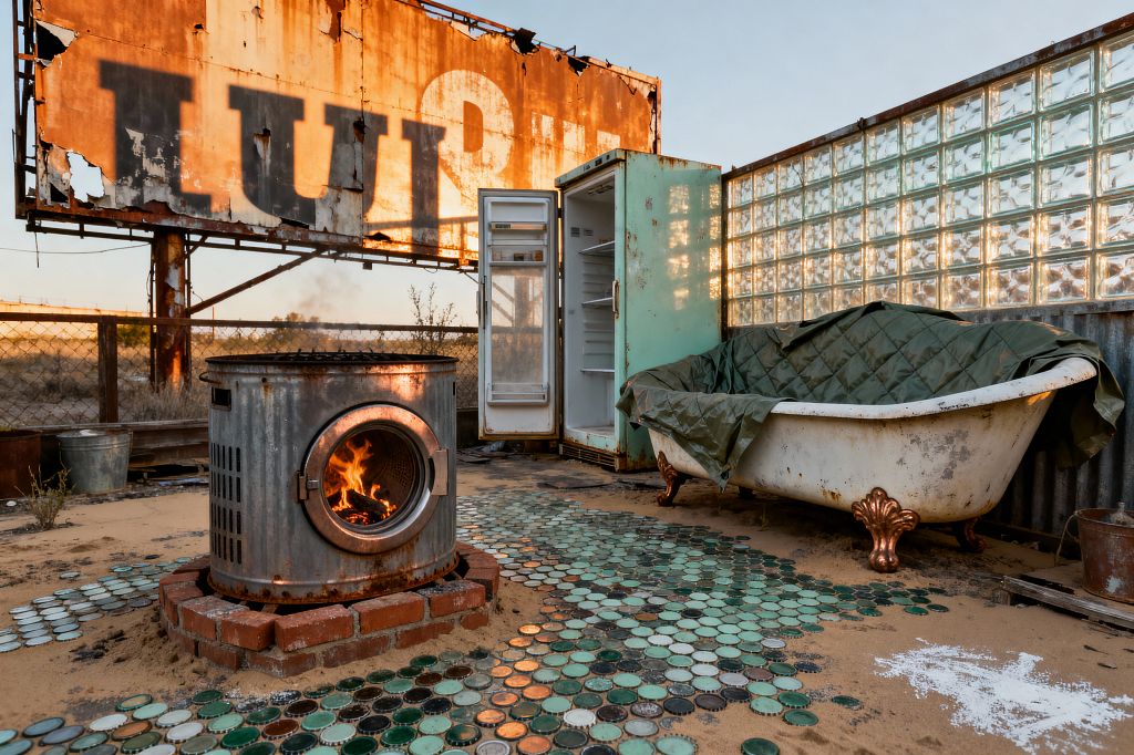 An outdoor patio assembled from salvaged pieces: a lit fire pit made from a washing machine drum sits on a ring of red bricks, beside a mint-green vintage refrigerator with its door ajar and a white clawfoot bathtub draped with a dark green tarp. The area is edged by corrugated metal and a glass-block wall, with a rusted billboard beyond, while a path of green bottle caps crosses sand-covered ground in warm evening light.
