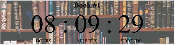 A countdown timer is displayed over a background of bookshelves filled with various books.