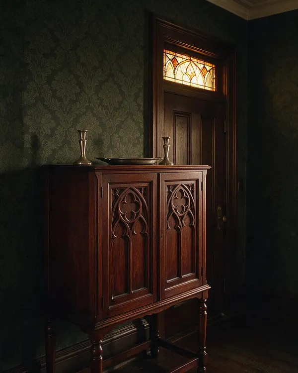 A Gothic-style entryway with dark green patterned wallpaper, a rich wood cabinet featuring pointed arch carvings, and a door with a small stained-glass transom window. Warm light highlights the dark wood tones and creates a moody, historic atmosphere.