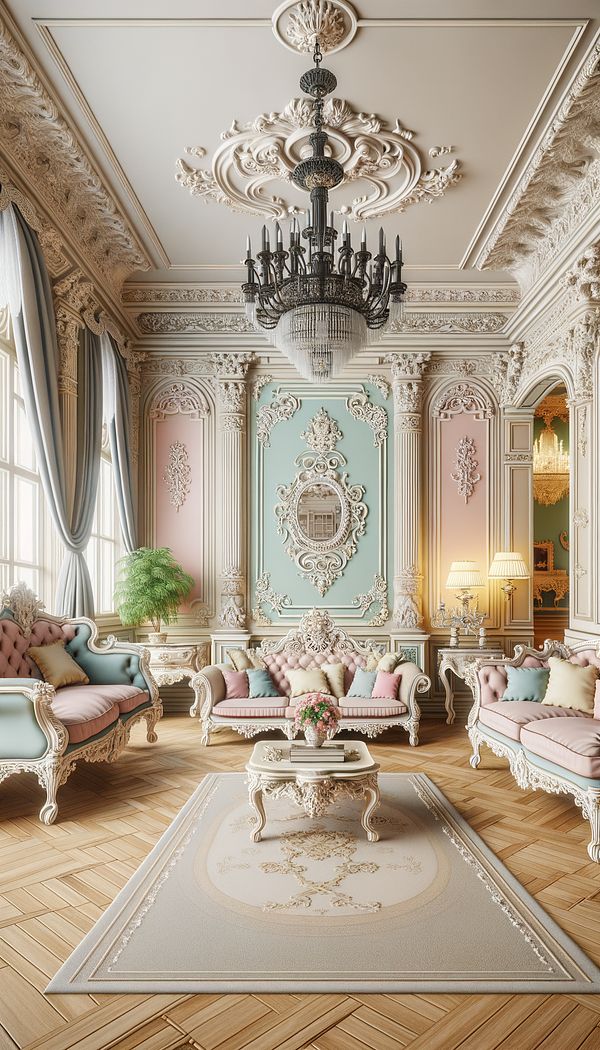 A lavish living room featuring Rococo Revival style furniture with intricate carvings and ornate details, complemented by pastel-colored walls and an elaborate chandelier.