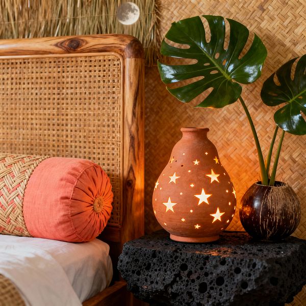 Close-up of a tropical bedroom vignette featuring a rattan cane headboard framed in warm wood, a coral round bolster on white bedding, and a chunky black lava-stone bedside table. A terracotta lamp with star-shaped cutouts glows softly, beside a coconut-shell vase holding glossy monstera leaves. The backdrop is woven bamboo with a fringe of dried grass, creating a natural, island-inspired atmosphere.