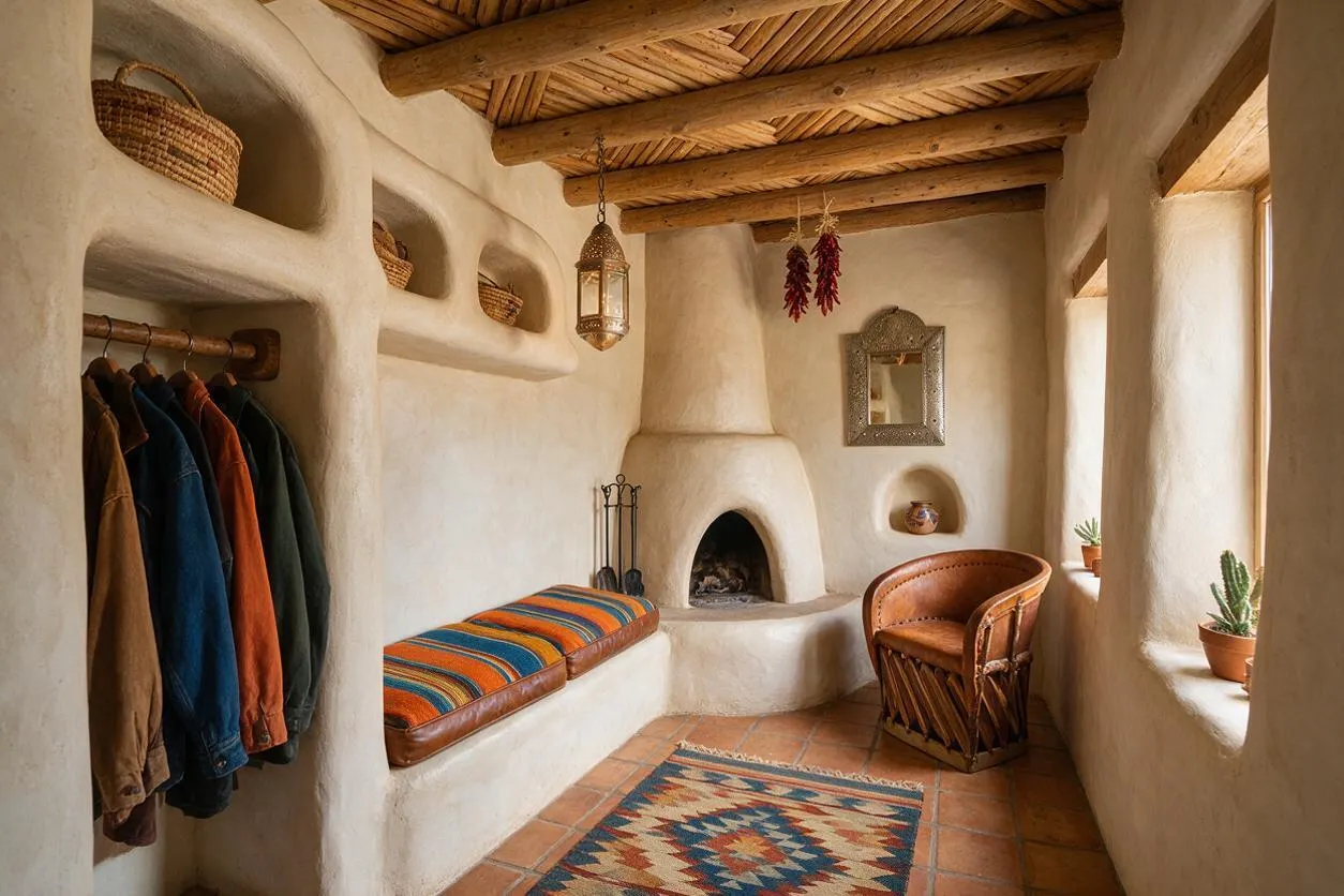 A Southwestern-style closet with smooth adobe walls, built-in niches holding woven baskets, a row of hanging jackets, and a colorful striped bench cushion. The room has exposed wood ceiling beams, terracotta tile flooring, a small kiva-style fireplace, a leather chair, patterned rug, and warm natural light from side windows.