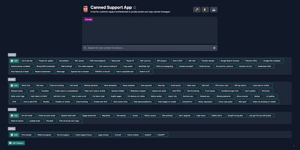 The image displays the interface of the Canned Support App, showcasing various preset messages for customer support.