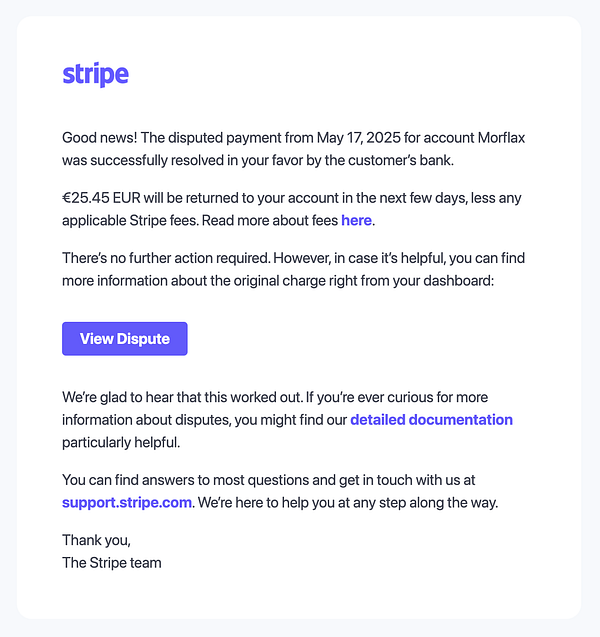 A notification from Stripe confirming the resolution of a payment dispute in favor of Morflax Studio.