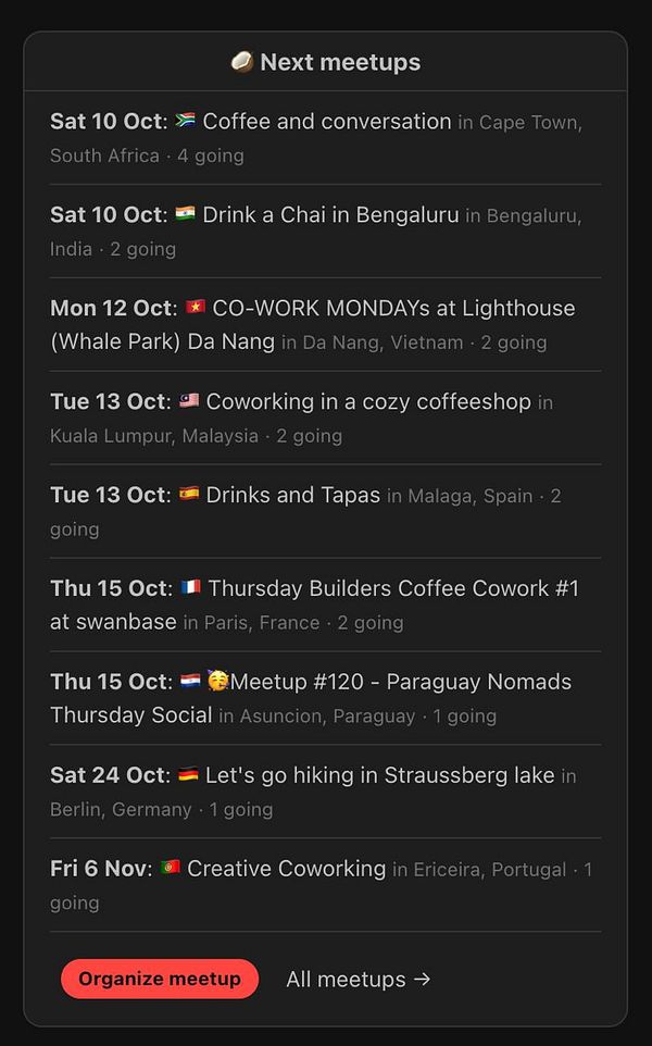 Upcoming meetups across various cities with details on dates, locations, event names, and number of attendees.