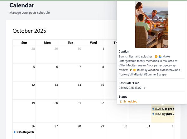 A calendar interface for October 2025 displaying scheduled posts with detailed event information.