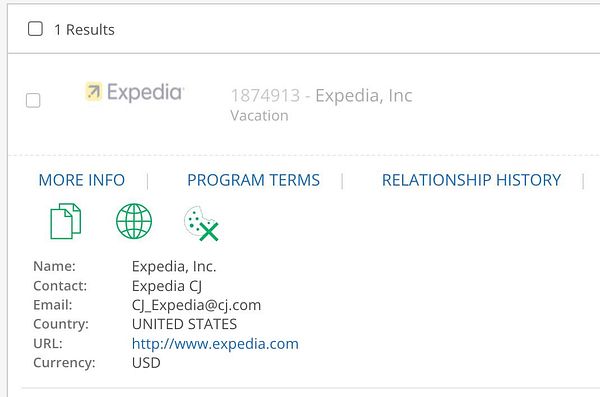 Screenshot of Expedia Affiliate Program page showing a referral form and affiliate overview.