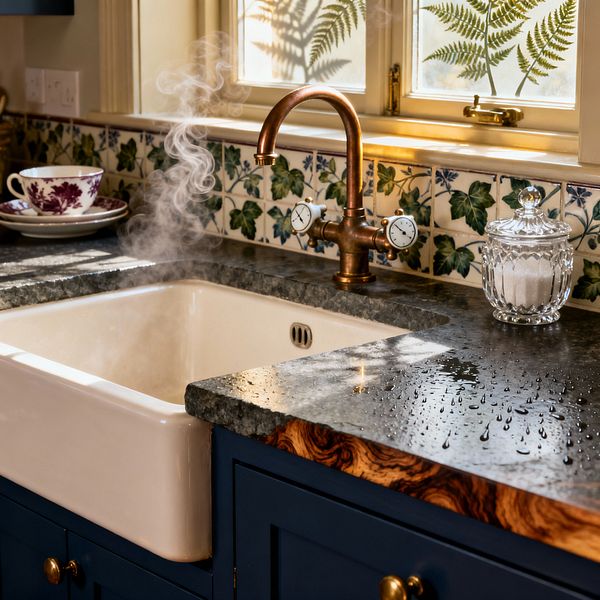 A close-up of a Victorian-style kitchen sink area with a cream fireclay apron-front basin set in a dark honed stone countertop. An aged copper bridge faucet releases steam as sunlight filters through cream-painted windows with fern-etched glass. The backsplash shows hand-painted ceramic tiles with green ivy and blue flowers, above navy Shaker cabinets with brass knobs, a cut-crystal jar, and plum floral china.