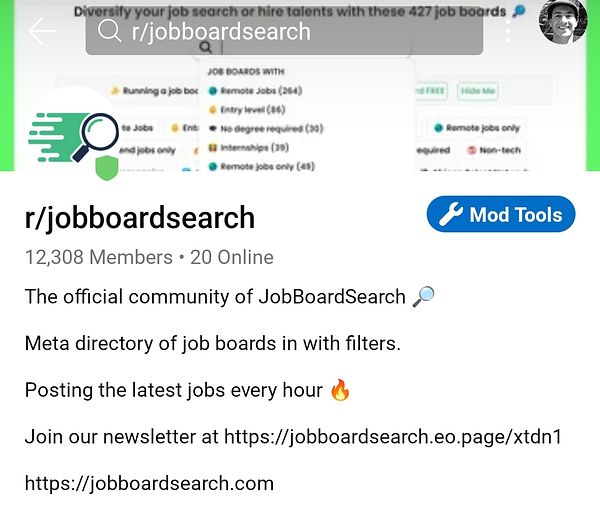 The image displays the subreddit page for r/jobboardsearch, highlighting its member count and features.