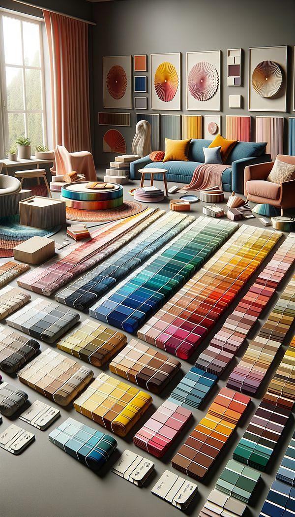 A mood board with different color swatches and samples, representing a harmonious color scheme applied in interior design.