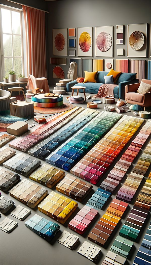 A mood board with different color swatches and samples, representing a harmonious color scheme applied in interior design.