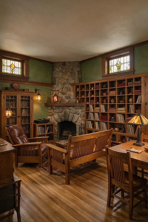A cozy Craftsman-style basement room with green walls, stained wood trim, and a central stone fireplace. Built-in shelving filled with books, records, and decor lines the walls, while leather and wood seating, stained glass windows, and warm lamp light create an inviting library-like atmosphere.