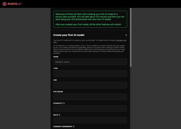 The image displays a user interface for creating an AI model on the Photo AI platform.