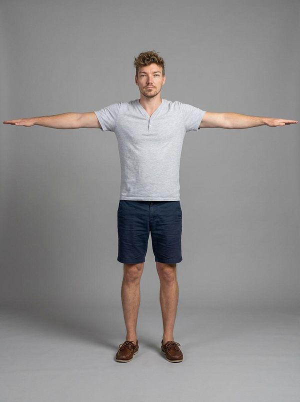 3D T-Pose character model displayed against a neutral background with rigging and clothing details.