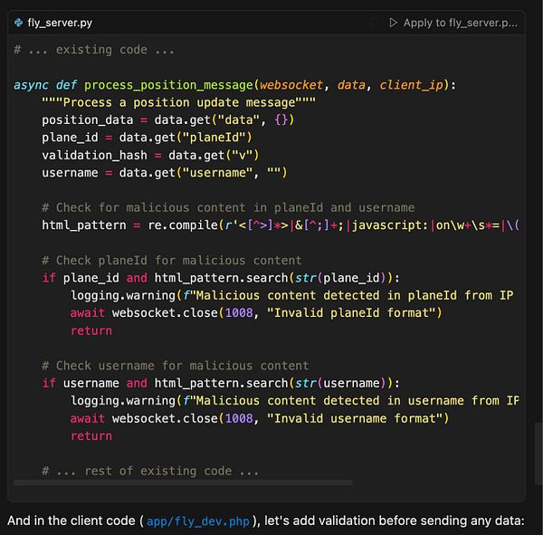 The image displays a code snippet from a Python file implementing malicious content detection in WebSocket data.