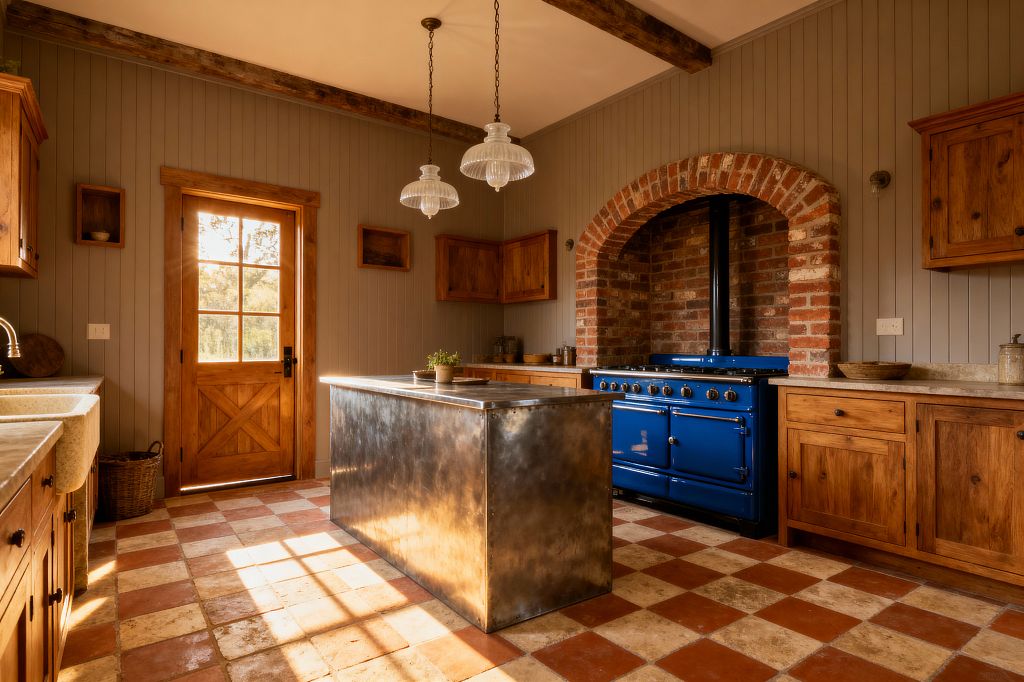 A warm farmhouse kitchen with vertical greige beadboard walls, exposed wood beams, and a sunlit wooden door. A cobalt blue range sits under a brick arched niche beside natural oak cabinets with light stone countertops. The floor is terracotta and cream checkerboard tile, and a patinated metal island stands at center. Ribbed glass pendants hang overhead, and a deep apron-front sink and simple black hardware complete the rustic, functional space.