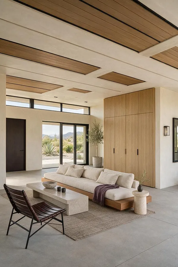 A modern front porch with a long low sofa upholstered in light neutral fabric, a concrete coffee table, and a dark leather chair on a textured rug. The space features pale plaster walls, a wood-slat ceiling and storage wall, black-framed glass doors, and desert views beyond.