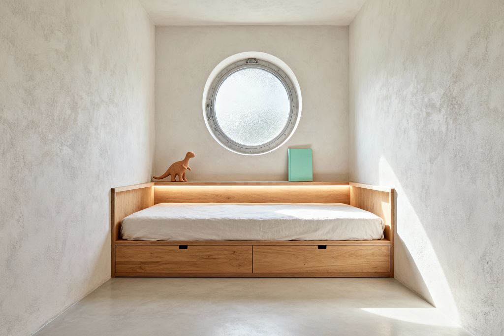 An intimate minimalist kids’ room features a built-in light oak daybed with two drawer fronts and a wraparound low back that forms a shelf. Centered above, a round frosted-glass porthole window diffuses daylight onto warm white plaster walls and a pale concrete floor, while concealed LED lighting glows along the shelf; a terracotta dinosaur toy and a mint green book add small accents.