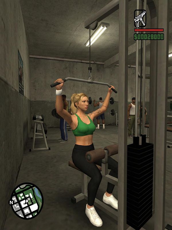 A character is exercising in a gym setting reminiscent of a video game environment.