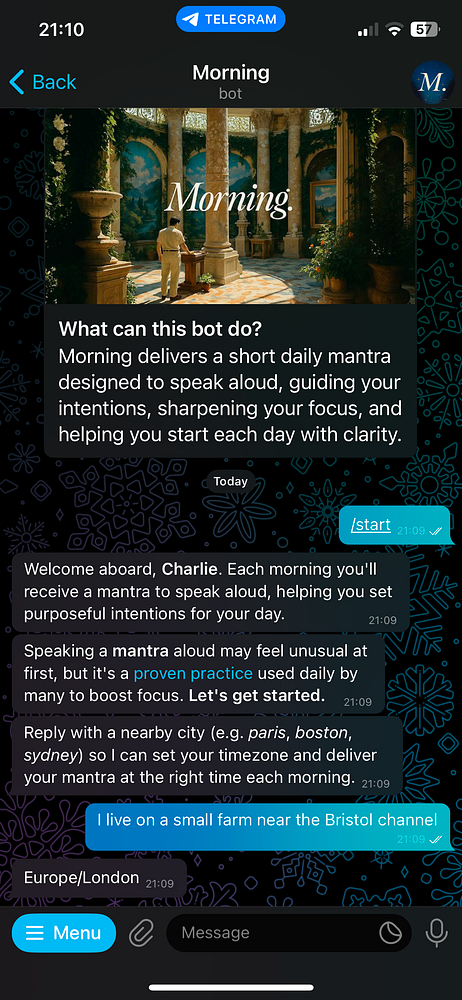 The image displays a Telegram chat interface featuring a bot named 'Morning' with a serene background and onboarding instructions.