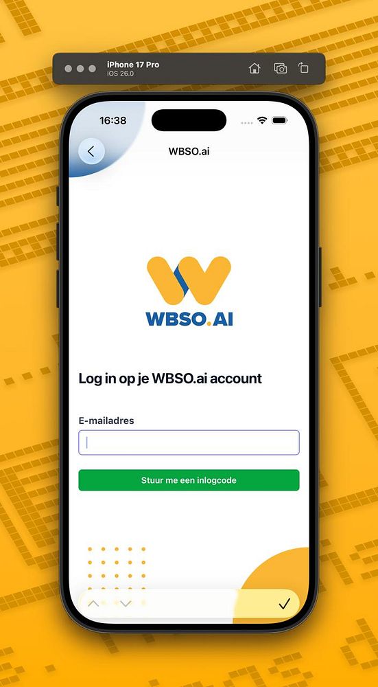 The image displays a login screen for the WBSo.ai mobile app on an iPhone 17 Pro.