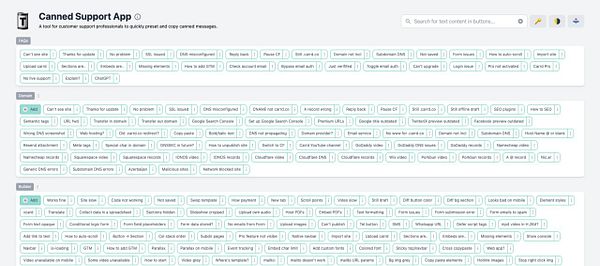 The image displays a user interface for the Canned Support App, featuring various buttons and options organized into categories for customer support tasks.