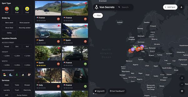The image displays a dark mode interface for a van camping location app called 'Van Secrets'.