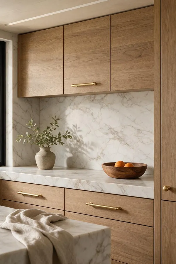 A transitional kitchen or pantry nook with light oak cabinetry, brass bar pulls, and a white marble backsplash and countertop. A small ceramic vase with greenery and a wooden bowl of oranges add a soft, natural accent to the warm neutral space.