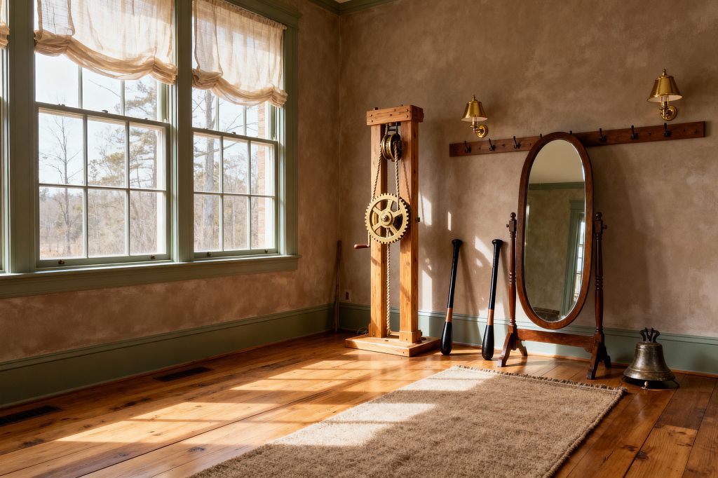 A sunlit room with tall double-hung windows and sheer linen shades features sage green trim, mottled beige plaster walls, and wide-plank wood floors. Against one wall stand an antique-style wooden pulley machine with a brass gear and manila rope, a set of black Indian clubs, an oval walnut cheval mirror, a wood peg rail with brass sconces, a neutral wool rug on the floor, and a large metal bell.