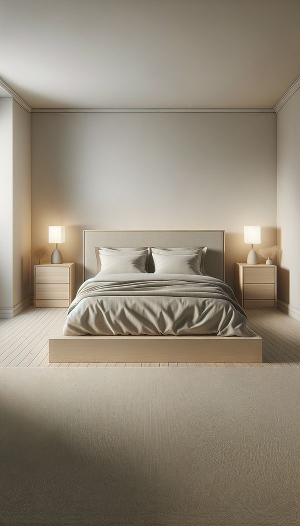 an image of a minimalist bedroom featuring a platform foundation bed, with matching nightstands and soft, neutral bedding, highlighting the clean lines and streamlined design of the foundation