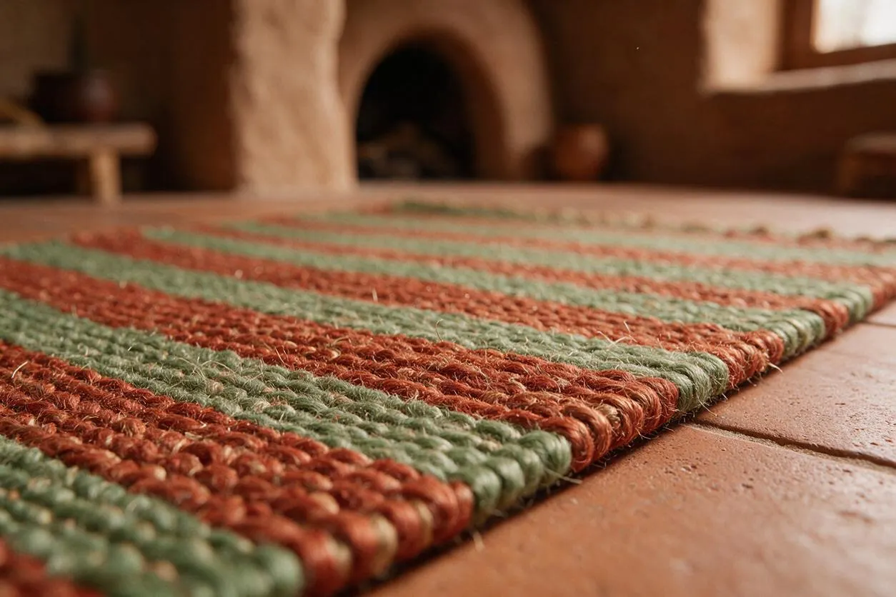 A close-up view of a flat woven rug with alternating earthy terracotta and muted sage green stripes. The rug lies on a warm clay tile floor inside a rustic Southwestern room, with an adobe-style fireplace and soft natural light blurred in the background.