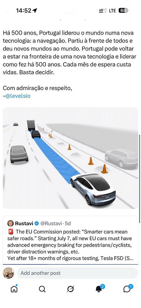 Screenshot of a Twitter post showing Levelsio's tweet about driving a Tesla in Portugal with Full Self-Driving (FSD) capabilities.