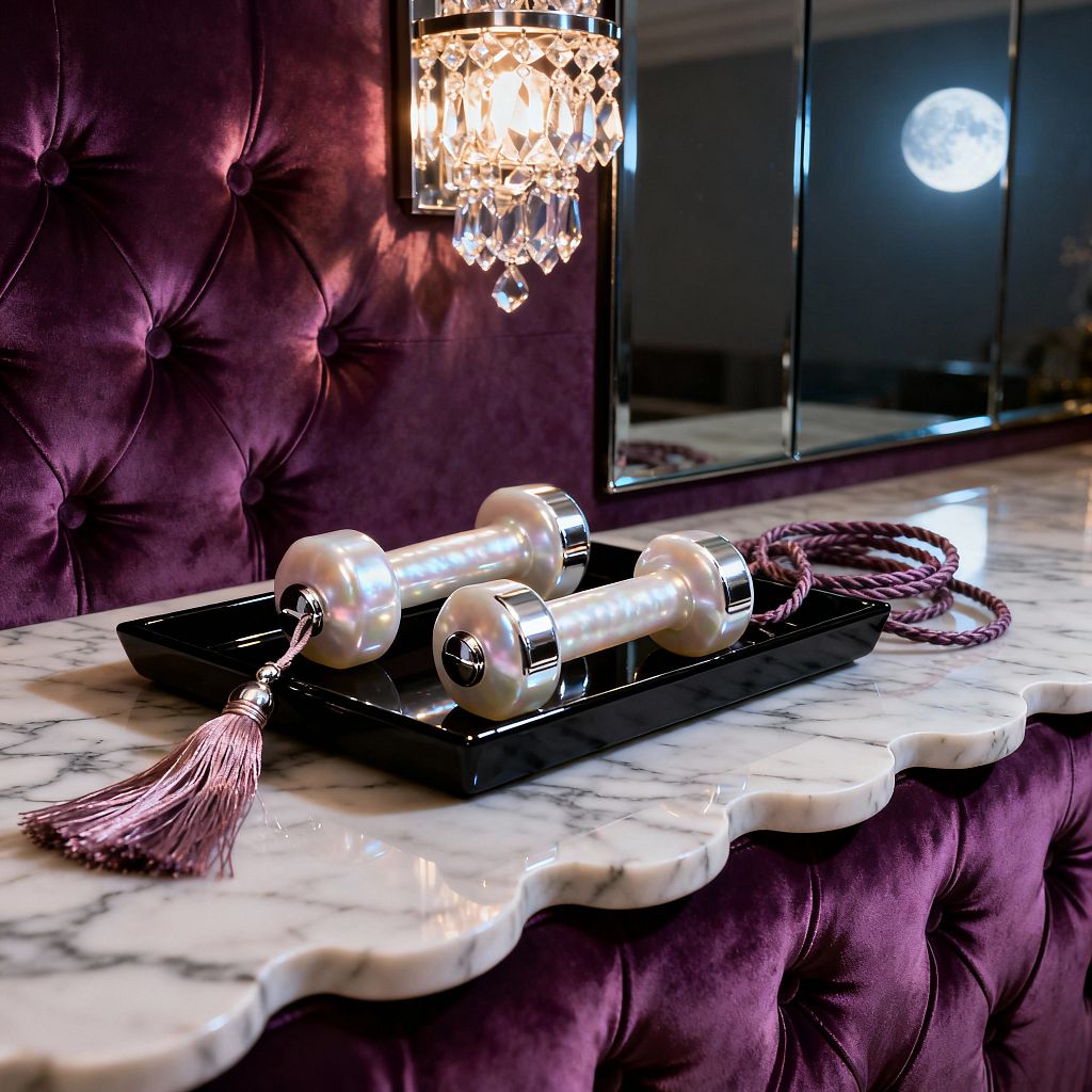 A close-up of a vintage-glam home gym vignette shows a scalloped white marble countertop above tufted plum velvet upholstery. On a glossy black tray rest two iridescent pearl dumbbells with polished chrome ends beside a mauve tasselled cord and a braided lavender jump rope, while a crystal wall sconce sparkles next to a chrome-framed mirror reflecting a bright moon, creating a moody, luxurious scene.