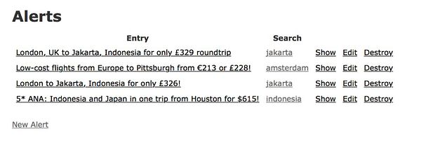 The image shows a list of travel alerts with options to manage each alert.