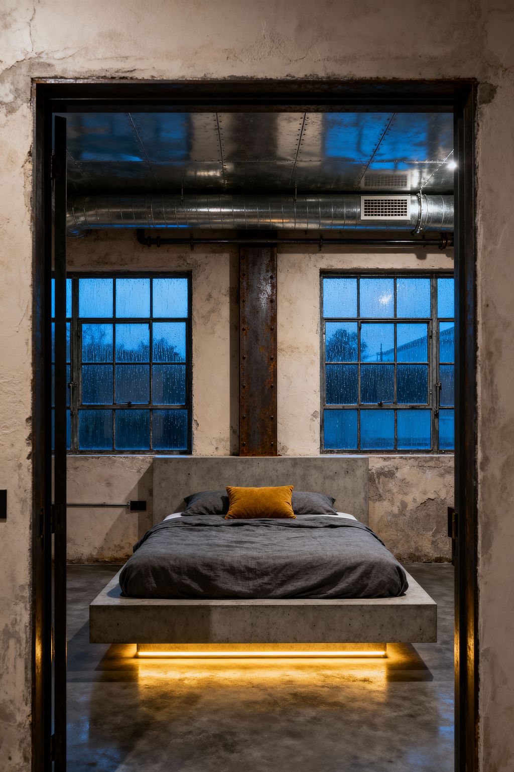 An industrial bedroom centers on a concrete platform bed with a tall headboard and warm amber LED light glowing beneath the frame. The space features rough plaster walls, a polished concrete floor, and large steel-framed windows showing blue evening light. A riveted metal ceiling, exposed galvanized ductwork, and a rusted steel column reinforce the warehouse aesthetic. Charcoal bedding and a mustard accent pillow add a restrained touch of color.