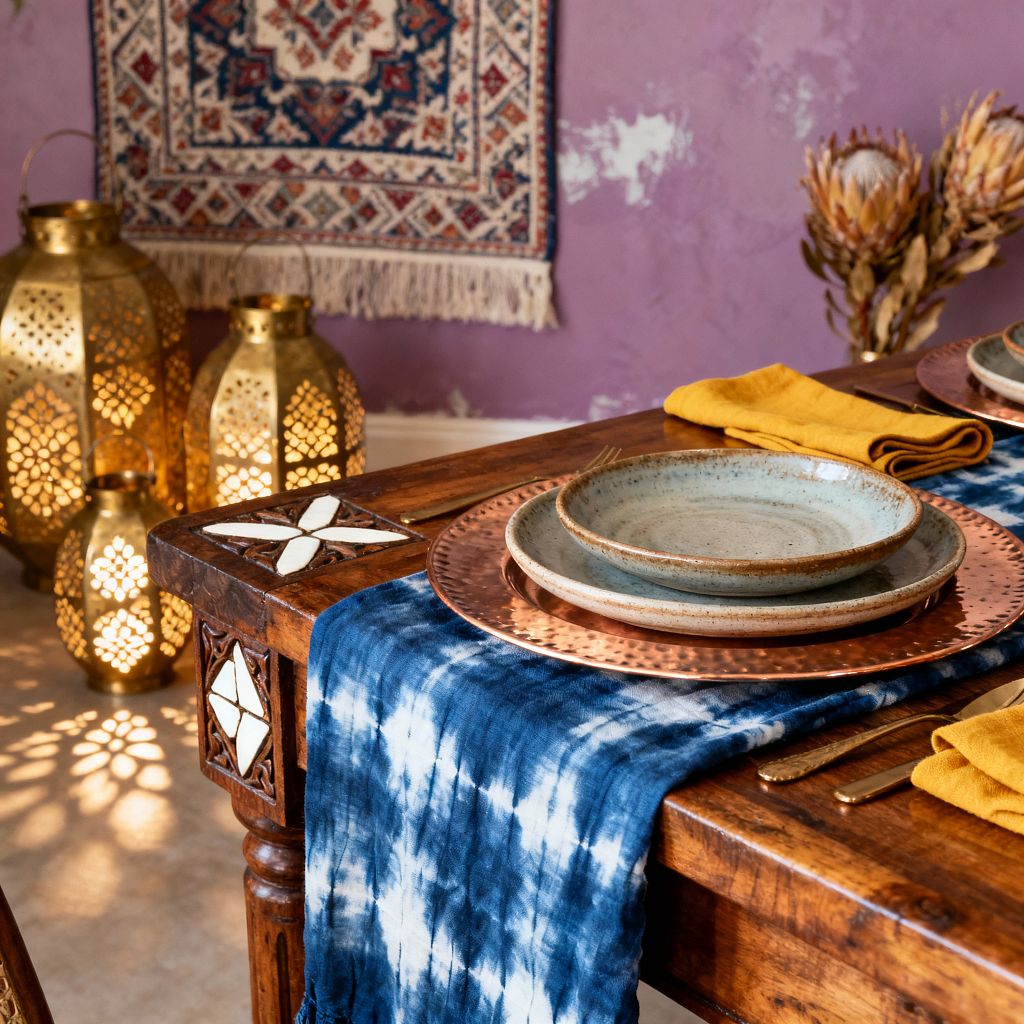 A close-up of a Bohemian dining table shows a carved wooden edge with white inlay, draped in an indigo tie-dye runner. Hammered copper chargers, speckled stoneware plates, mustard napkins, and brass flatware sit beside glowing pierced brass lanterns, a textured lavender wall, a fringed patterned tapestry, and a vase of dried protea, creating a layered, globally inspired scene.