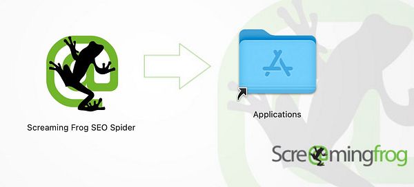 The image illustrates the installation process for the Screaming Frog SEO Spider software.